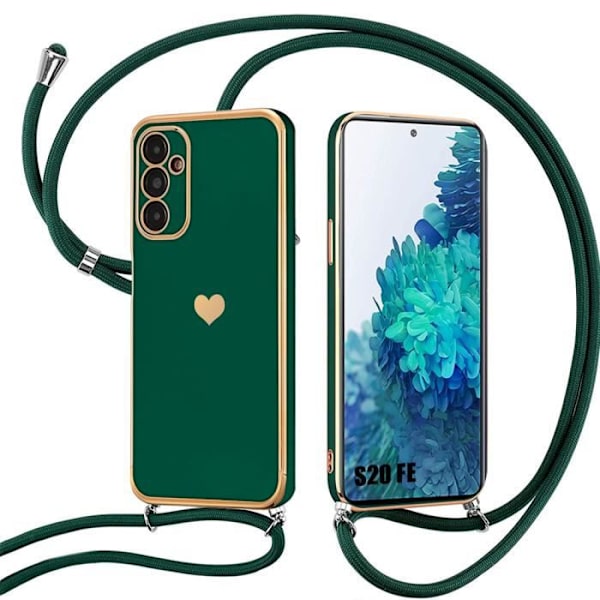 Lanyardfodral för Samsung Galaxy S20 FE Stötsäkert skydd Hjärtmönster + justerbar nattgrön linne
