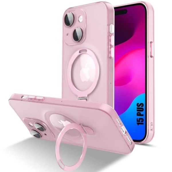 Fodral för iPhone 15 Plus - Genomskinligt rosa stötsäkert skydd med roterande magnetstativ och kameraskydd