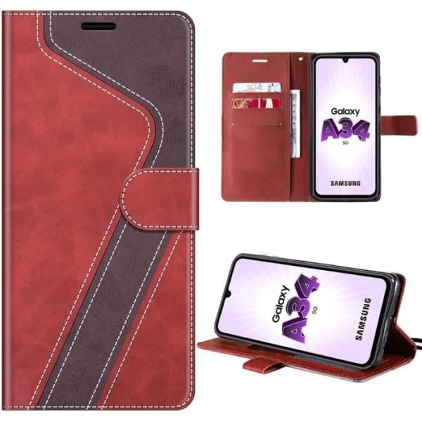Fodral för Samsung Galaxy A34 5G, tvåfärgat mönstrat skydd i rött konstläder med kortplatser och inbyggt stöd Rödbrun