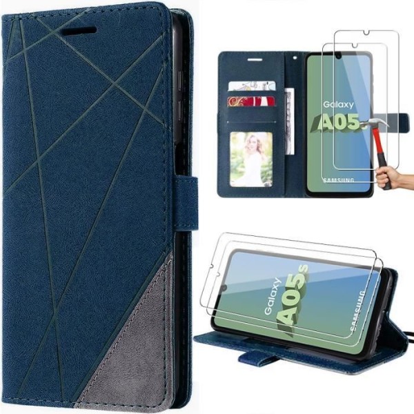 Coque för Samsung Galaxy A05s - BOOLING - Semi-rigida - Syntetläder - Flik - Mörkblå med 2 Härdat glas marinblå