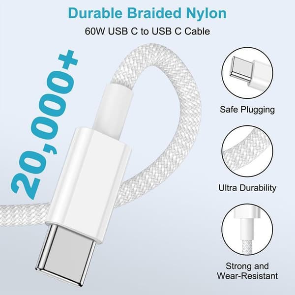 USB-C-kabel 60W - E.F.Connection - för iPhone 17 Pro Max iPhone 16 Pro 15 Pro iPhone Air Vävd 2 Meter Vit