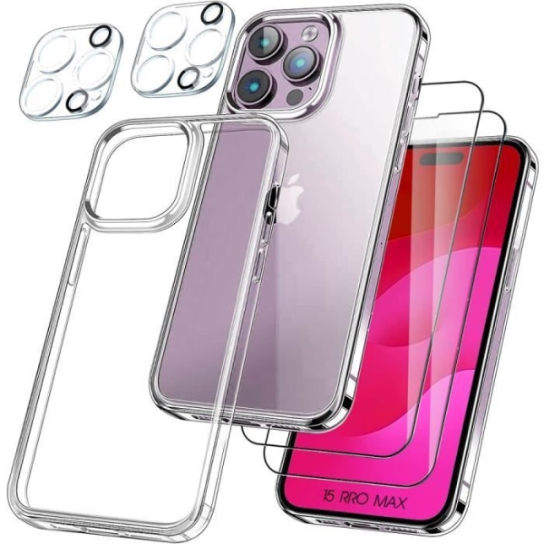 TPU-cover til iPhone 15 Pro med 2 hærdede briller og 2 baglinsebeskyttere Transparent