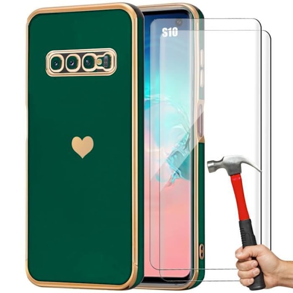 Skyddsfodral för Samsung Galaxy S10 - BOOLING - Midnattsgrön - Hjärtmönster - Mjukt - 2 härdade glasögon Nattgrönt