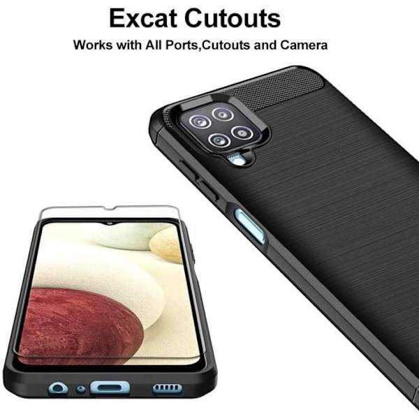 Fodral för Samsung Galaxy A12 / M12 + 3X skärmskydd i härdat glas, mjukt silikon TPU-fodral i kolfiber