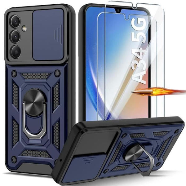 Fodral för Samsung Galaxy A34 5G + 2 härdade glasögon, marinblått stötsäkert hårt fodral med kameraskydd marinblå