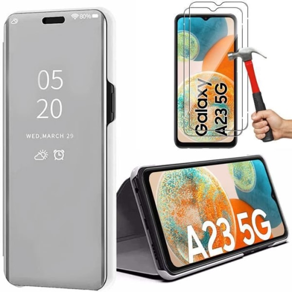 2 härdade glasögon + silverfodral för Samsung A23 5G Anti-Scratch Mirror Effekt 360 graders skydd Silver