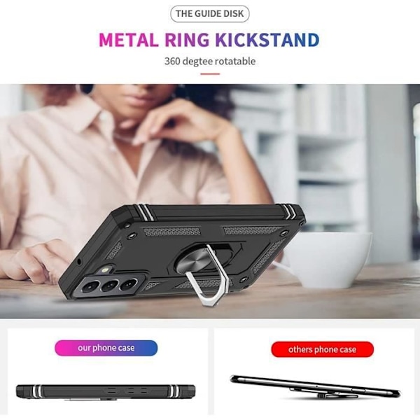 Fodral för Samsung S22 (6.1") - Svart - Metallstödring - Förstärkt skydd - 2 härdade glasögon Svart