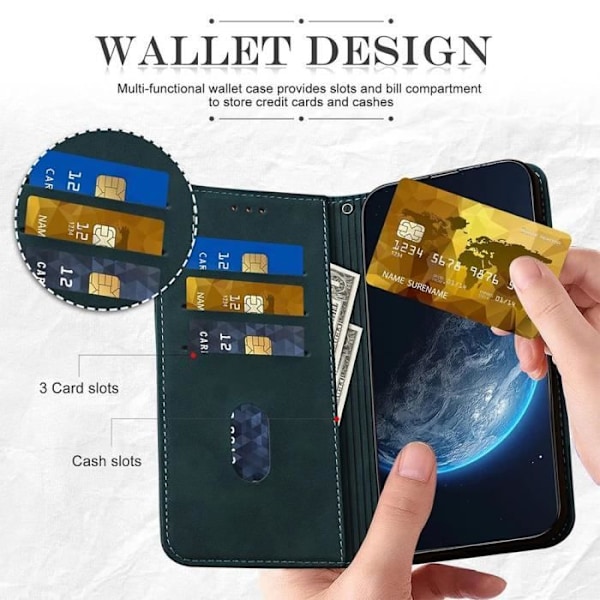 Skyddsfodral - Samsung - Galaxy A05s - Pr präglat PU-läder - Fria händer-stöd - 2 Härdat glas Nattgrönt