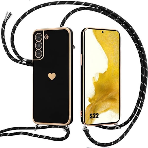 Lanyardfodral för Samsung Galaxy S22 Soft svart silikonhjärtamönster med justerbar snodd