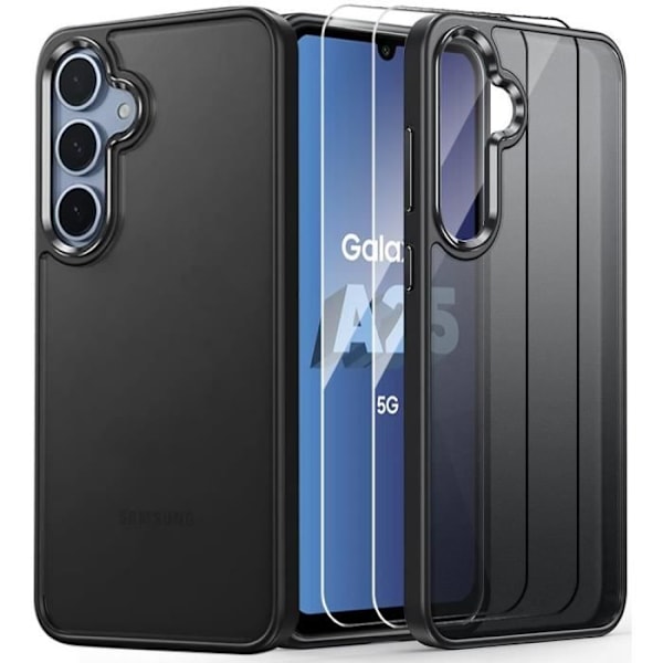 Fodral + 2 härdade glasögon för Samsung Galaxy A25 5G, stötsäkert repskydd Genomskinlig styv baksida