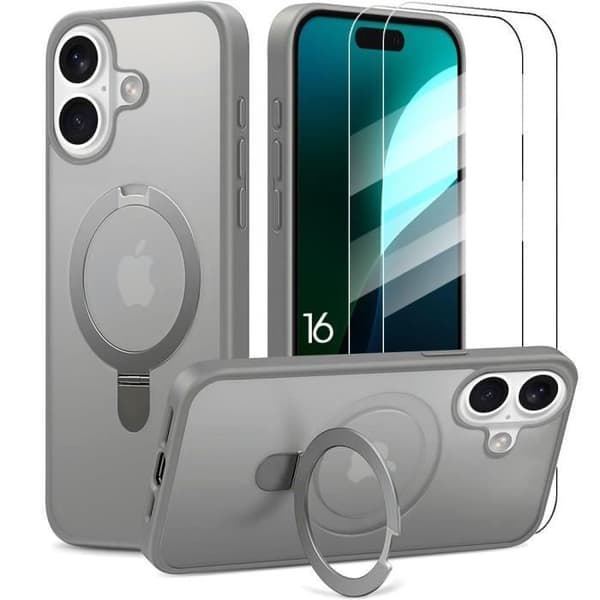 Skyddshölje - BOOLING - för iPhone 16 - Stöttålig Hård - Magnetiskt Ringstöd - Grå Grå