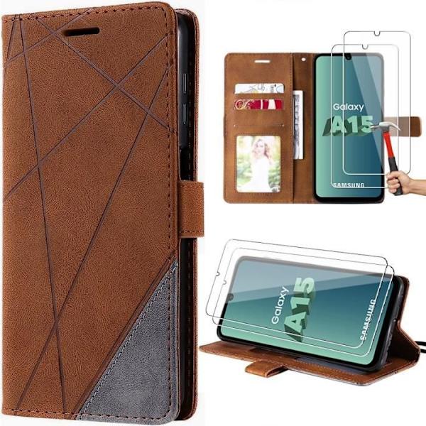 Skyddsfodral - Samsung - Galaxy A15 - Brun PU-läder - 2 Härdat glas - Elegant och retro kastanj