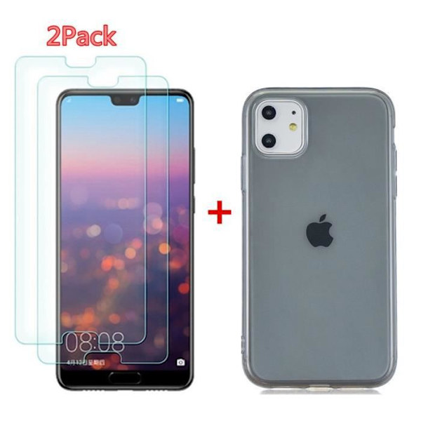 Mjukt flexibelt fodral för Apple iPhone 11 Pro Max (6,5"), 2 STK härdat glasfilm + 1 ST TPU Silikon Klart Fodral Slim Cover Svart