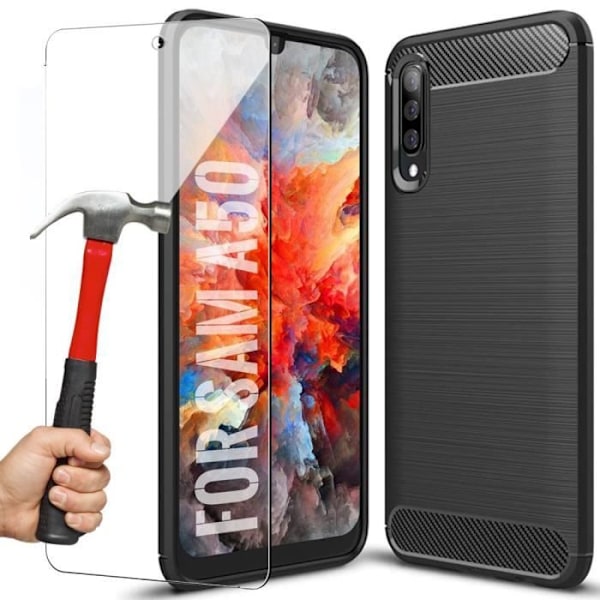 Skyddshölje - PROSHOP - för Samsung Galaxy A50 - Mjuk - Kolfiber - Svart - 2 Härdat glas Svart