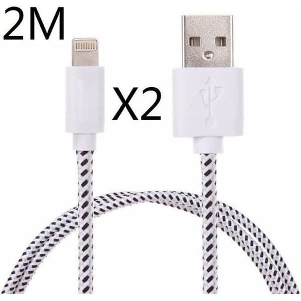 USB-laddkabel - YSFMODE - 2-pack - 2M - Vävt tyg - Kompatibel med iPhone 5/6/6s/6s Plus Vit