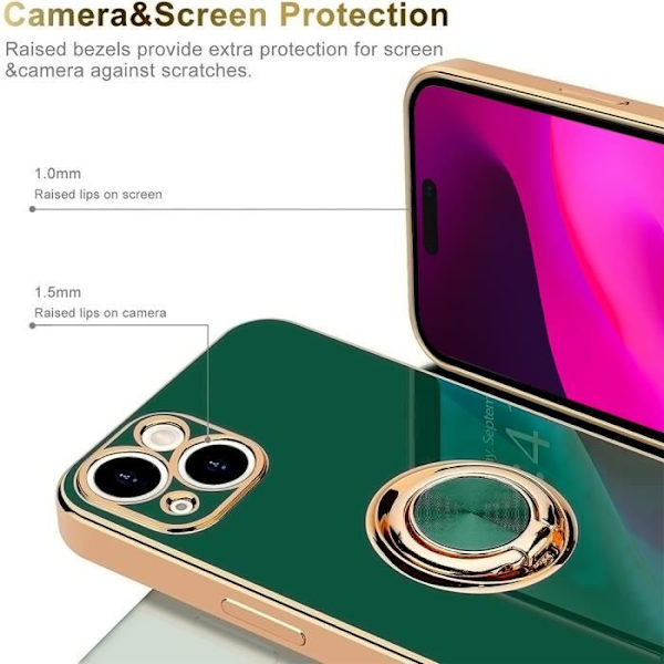 Skal för iPhone 15 Plus, Stötsäkert TPU-skydd med stödring Night Green