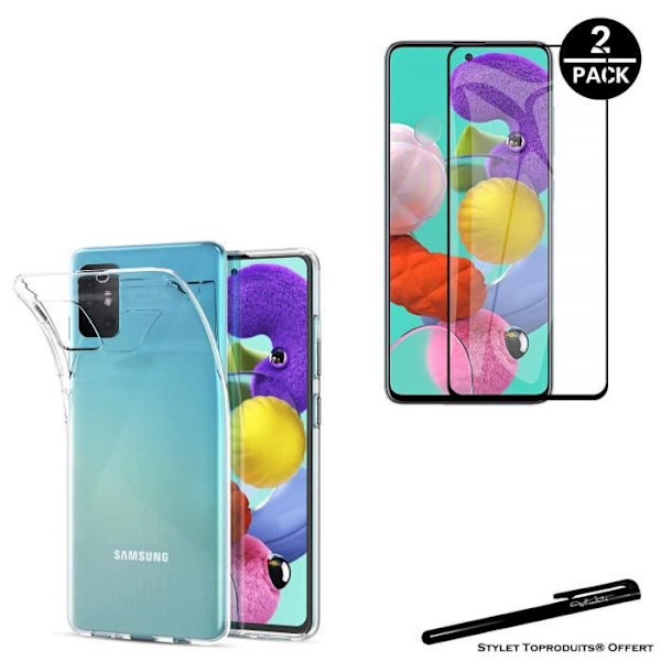 Skyddsfodral och härdat glas - Toproduits® - Samsung A51 - Transparent - Mjukt - Kurvade svarta kanter Transparent