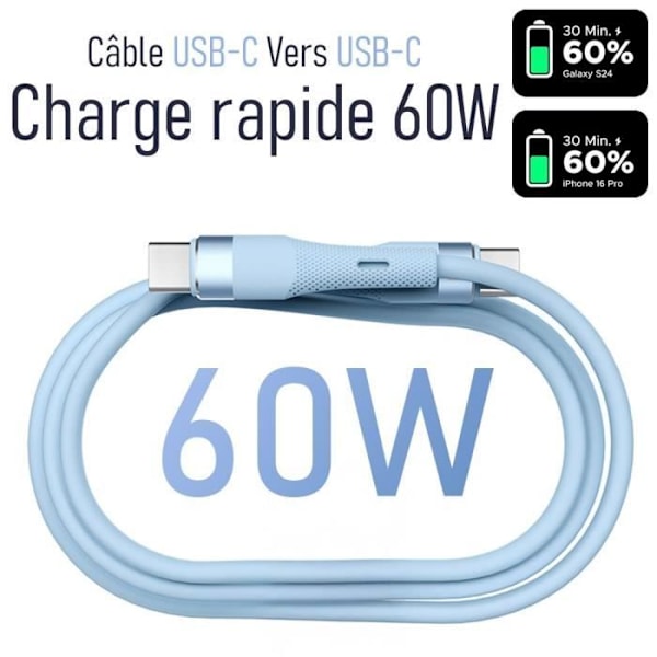 2 USB-C till USB-C-kabel 60W snabbladdning för Samsung Galaxy A16 A15 A14 A25 A35 A55 A05s A36 - 1 meter blå Blå