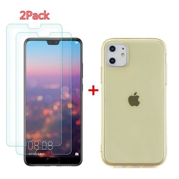 Mjukt flexibelt fodral för Apple iPhone 11 (6,1"), genomskinligt fodral 2 STK härdat glasfilm + 1 ST TPU Silikon Slim Cover Gul