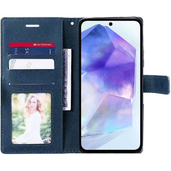 Skyddsfodral - Samsung - Galaxy A55 5G - Retro Lädereffekt - Mörkblå - 2 Härdat Glas marinblå