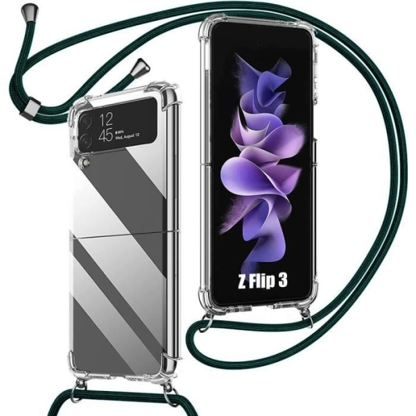 Axelremsfodral för Samsung Galaxy Z Flip 3 5G, repskydd förstärkta hörn + axelrem midnattsgrön