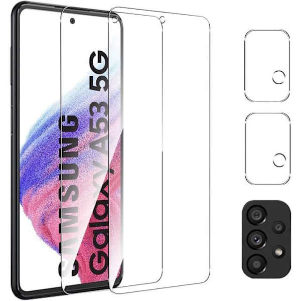 [2+2-pack] Splittersäker skärmskydd film härdat glas för Samsung Galaxy A53 5G + härdat glasfilm för HPT kameralins