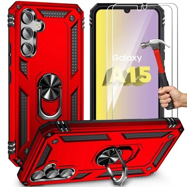 Skyddsskal - BOOLING - Samsung Galaxy A15 4G-5G - Hård - 2 Härdade Glas - 360° Ställning Röd