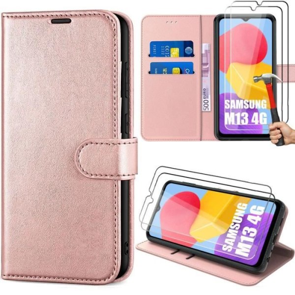 Flip-fodral för Samsung Galaxy M13 rosa lädereffekt + 2 härdade glasögon mot repor