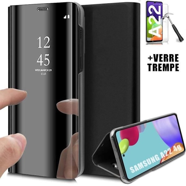 Fodral för Samsung A22 4G (6,4") + Set med 2 härdade glasögon. Trendig designfodral Spegeleffekt Anti-chock förstärkt skydd Svart Svart