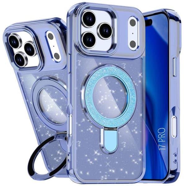 Skyddshölje - BOOLING - för iPhone 17 Pro - Glittrande med justerbar blå magnetring Blå