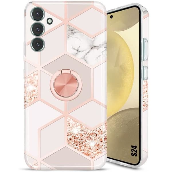 Coque - BOOLING - för Samsung Galaxy S24 - Silikon - Rosamarmor - Stöd Ring Rosa marmor