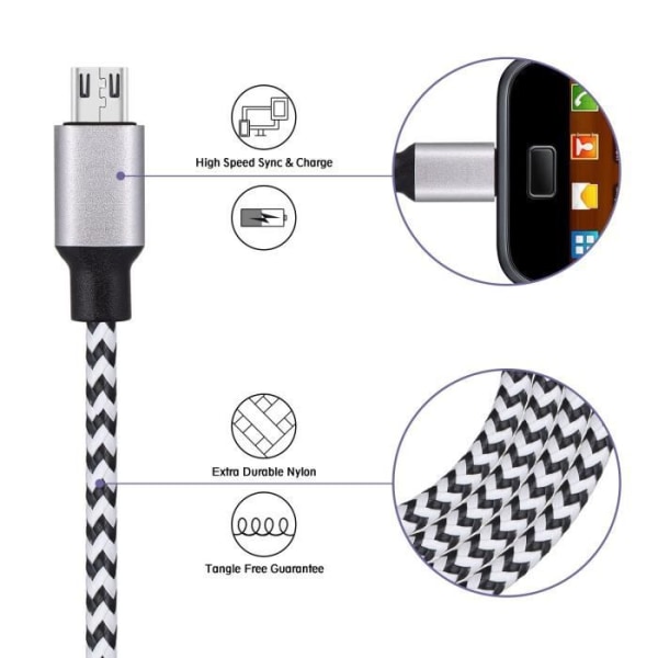 [2,2 m paket] Micro USB 2.0-kabel PU-flätad aluminiumkontakt Laddare USB-sladd för Android-telefoner-svart+blått