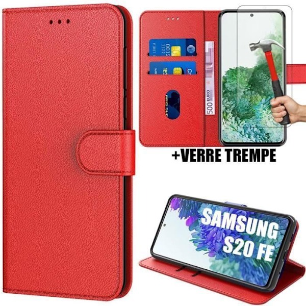 Skyddshölje - PROSHOP - för Samsung S20 FE - Röd - Läderlook - Rep-Resistent - 2 Härdat Glas Röd