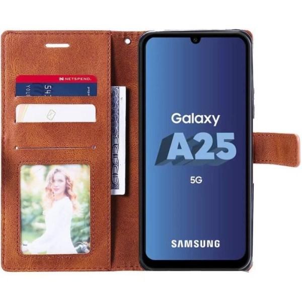 Fodral för Samsung Galaxy A25 5G + 2 härdade glasögon, brun, retro lädereffekt, stötsäker med kortficka kastanj