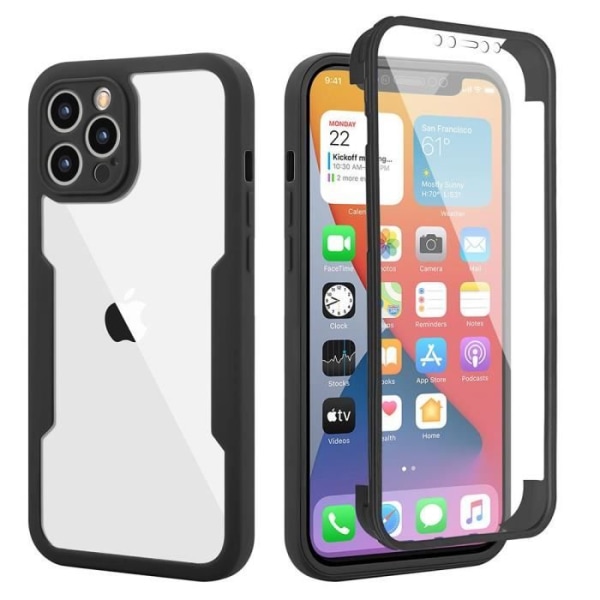 Cover til iPhone 12 Pro Max 360° full caver front og bag sort omrids Transparent