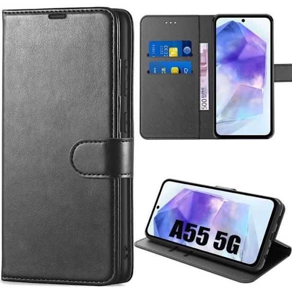 Fodral för Samsung Galaxy A55 5G, svart, stötsäkert PU-läderfodral med korthållarfunktion Svart