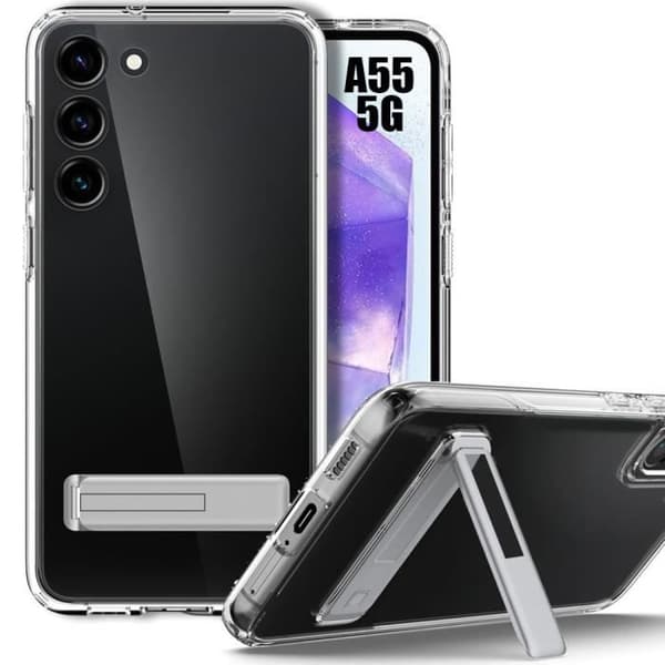 Skyddsskal - BOOLING - för Samsung Galaxy A55 5G - Transparent Silikon - Fällbart Stöd - Stöttålig Argenté, Transparent