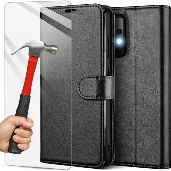 Coque Portefeuille för Samsung Galaxy A52 5G (6,5") - PROSHOP - Svart Läder Effekt - Härdat Glas Inkluderat Svart