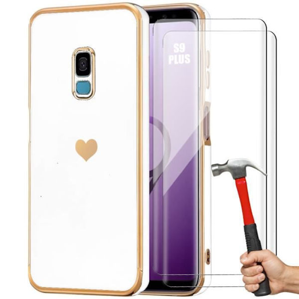 TPU-fodral för Samsung Galaxy S9 Plus (S9+) Vitt hjärtmönster + 2 härdade glasögonskydd