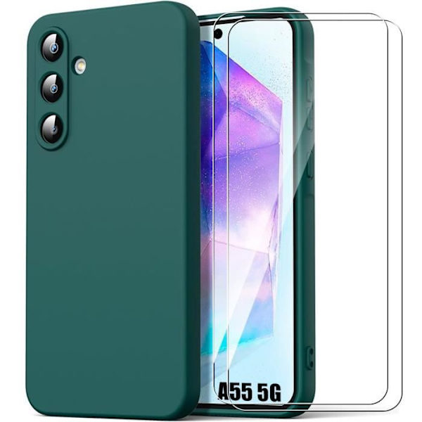Fodral och 2 härdade glasögon för Samsung Galaxy A55 5G - Ultratunt stötsäkert repskydd - midnattsgrön