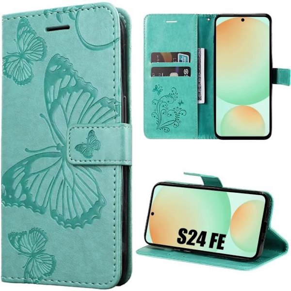 Fodral för Samsung Galaxy S24 FE (ej för S24) Grönt, stötsäkert konstläder med stativ, fjärilsmönster