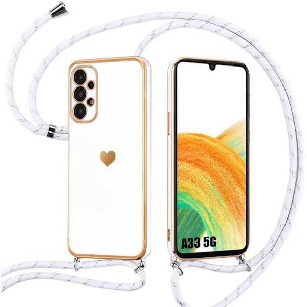 Lanyardfodral för Samsung Galaxy A33 5G Stötsäkert skydd Hjärtmönster + justerbar vit linne