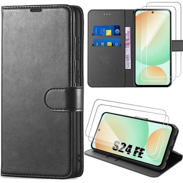 Fodral och 2 härdade glasögon för Samsung Galaxy S24 FE (inte för S24) - Svart syntetiskt läder Anti-Scratch Fodral