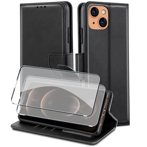 Fodral för iPhone 13 Pro (6.1'') Svart lädereffekt + skärmskydd i härdat glas