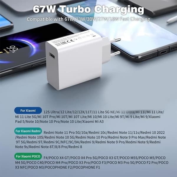 67W snabbladdare för Xiaomi Redmi Note 10 4G-5G, Note 10 Pro, Note 8-8 Pro-8T, Note 9-9 Pro-9T Vit