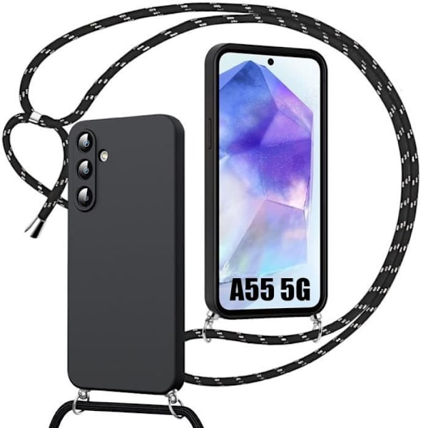 Crossbody-fodral för Samsung Galaxy A55 5G, stötsäkert silikonskydd med justerbar flätad axelrem - svart