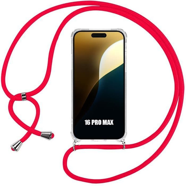 iPhone 16 Pro Max Halsbandsfodral med halsband - Stötsäkert skyddande förstärkt TPU med rött halsband
