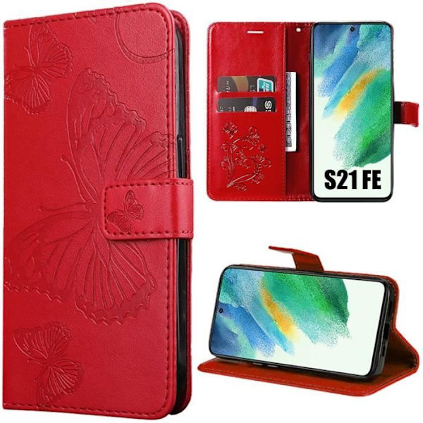 Fodral för Samsung Galaxy S21 FE, elegant fjärilsmönster i rött lädereffekt (ej för S21)