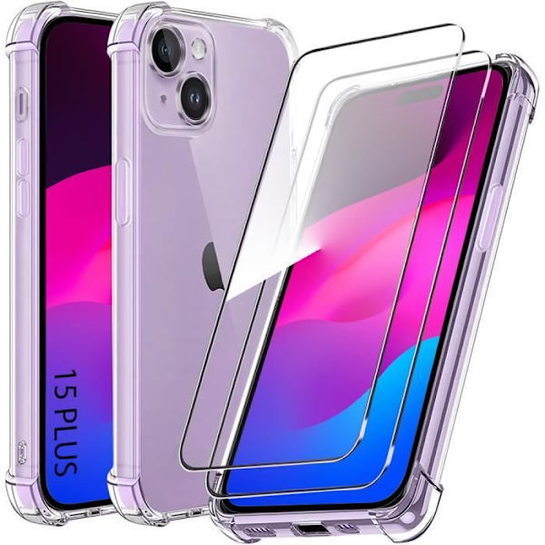 Fodral till iPhone 15 Plus - Genomskinligt stötsäkert silikonskydd + 2 härdade glasögon