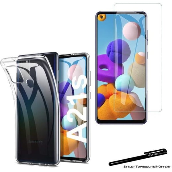 Härdat glas för Samsung Galaxy A21S och genomskinligt flexibelt skyddsskal med Stylus Toproduits®